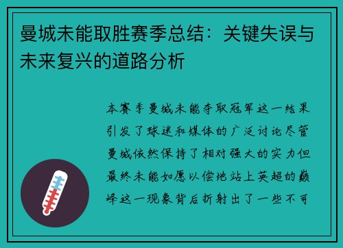 曼城未能取胜赛季总结：关键失误与未来复兴的道路分析