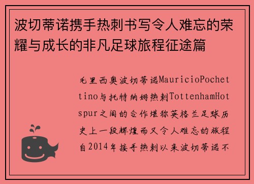 波切蒂诺携手热刺书写令人难忘的荣耀与成长的非凡足球旅程征途篇 波切蒂诺携手热刺书写令人难忘的荣耀与成长的非凡足球旅程征途篇