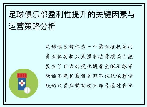 足球俱乐部盈利性提升的关键因素与运营策略分析 足球俱乐部盈利性提升的关键因素与运营策略分析